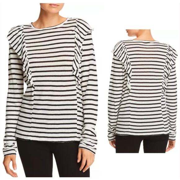 Frame Women’s Crewneck Striped White Black Linen Top w/ Ruffled Trim Size Small - Picture 2 of 6